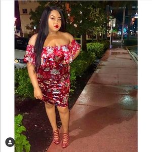 Off The Shoulder Burgundy Floral Print Midi Dress